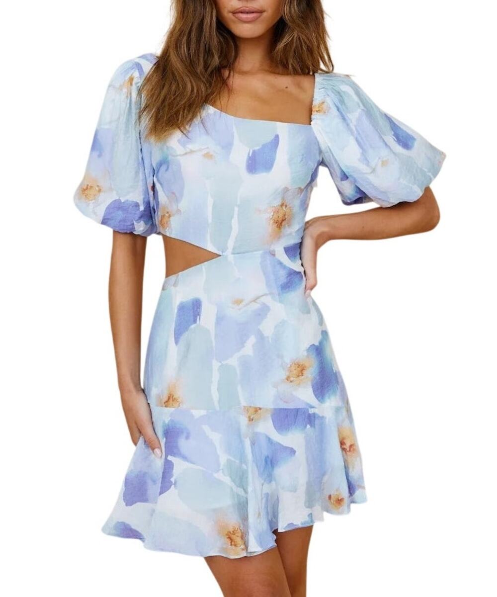 Sage + Paige Floral Puff Sleeve Mini Dress Cutout Medium Party Brunch Event